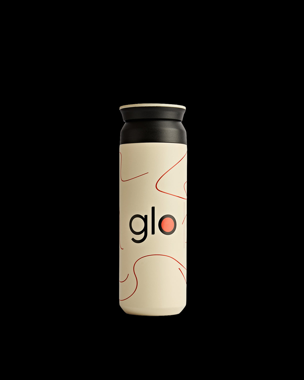 Frente da Garrafa Térmica Kiji Studio para Glo, na cor creme com detalhes em laranja e logo 'Glo'.