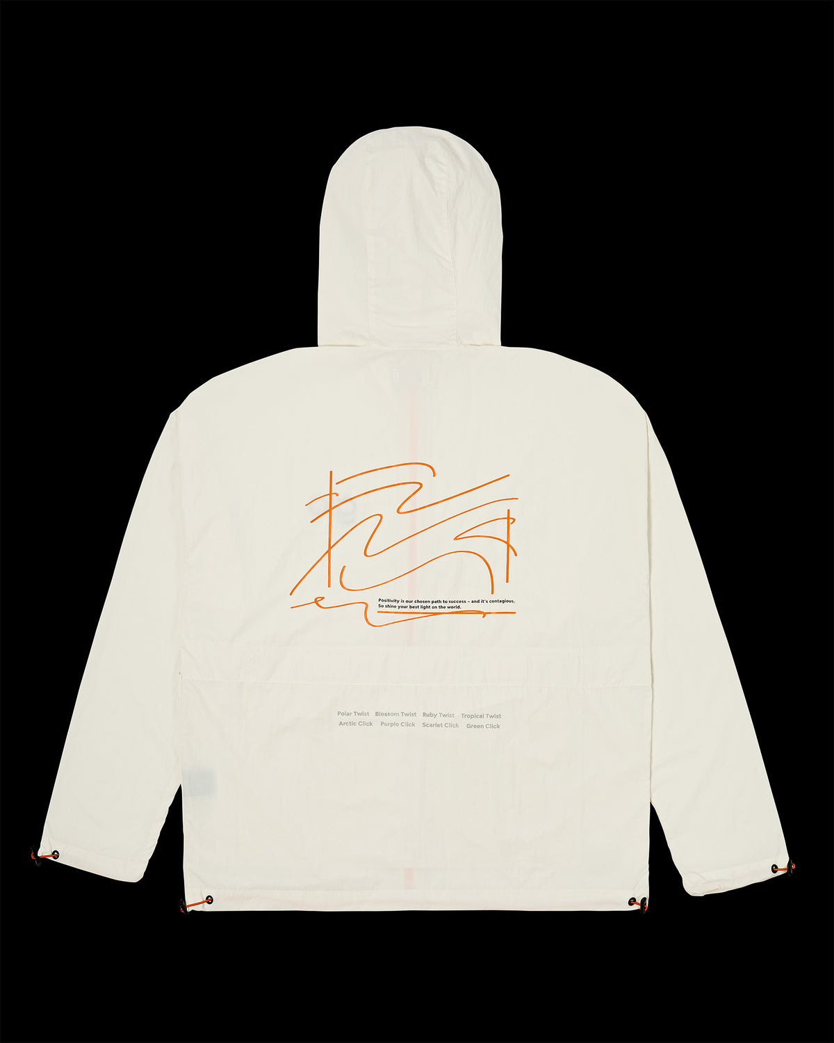 Costas da Jaqueta Wind Kiji Studio para Glo, na cor off white e transfer com detalhes laranja e cinza.