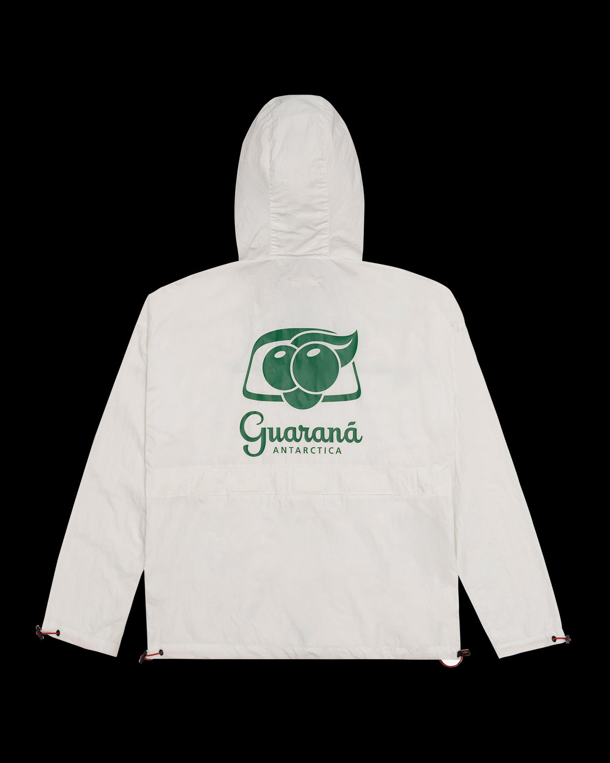 Costa da Jaqueta Wind Kiji Studio para Guaraná Antarctica, na cor off white com transfer 'Guaraná Antarctica' em verde.