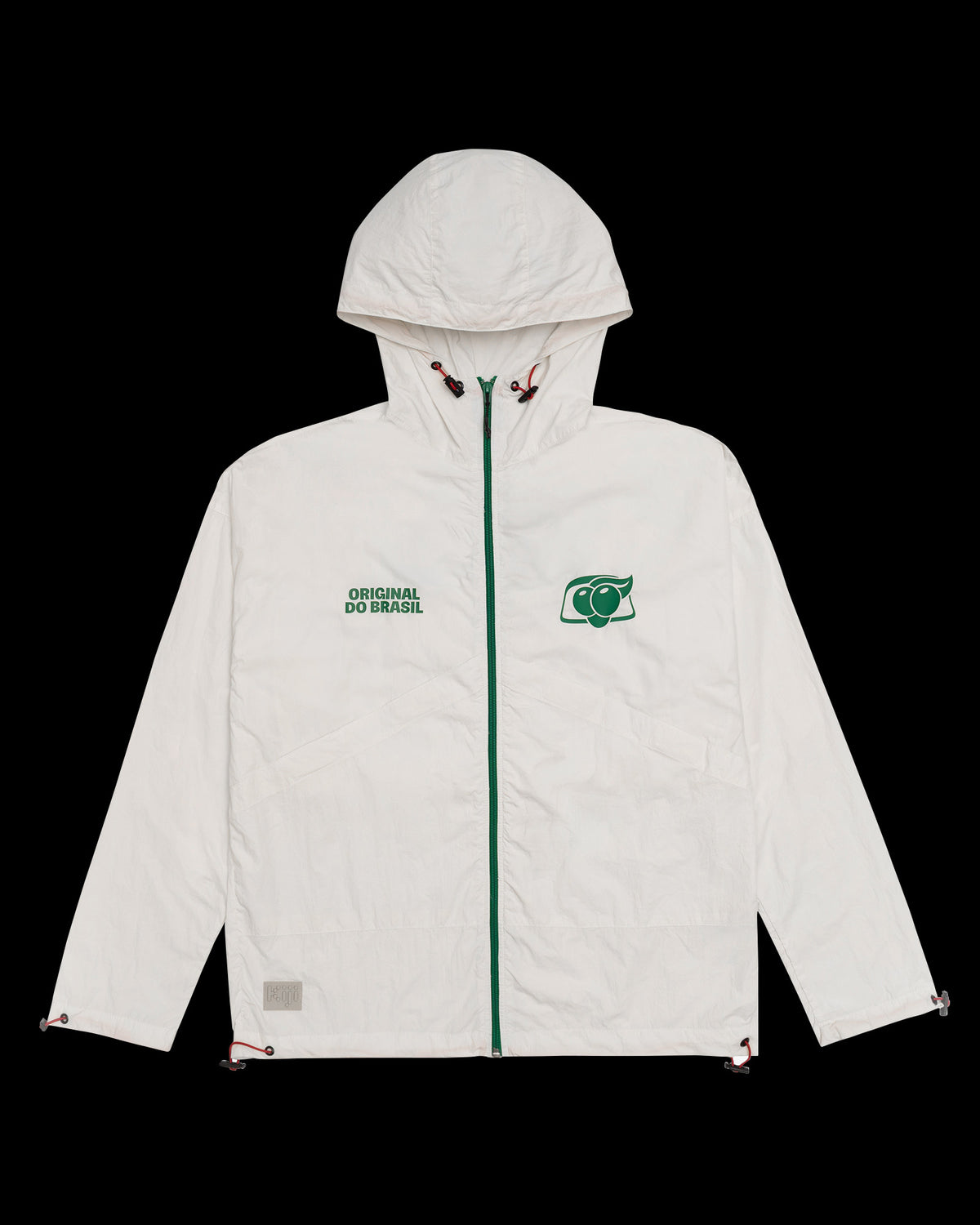 Frente da Jaqueta Wind Kiji Studio para Guaraná Antarctica, na cor off white com transfer 'Guaraná Antarctica' em verde.