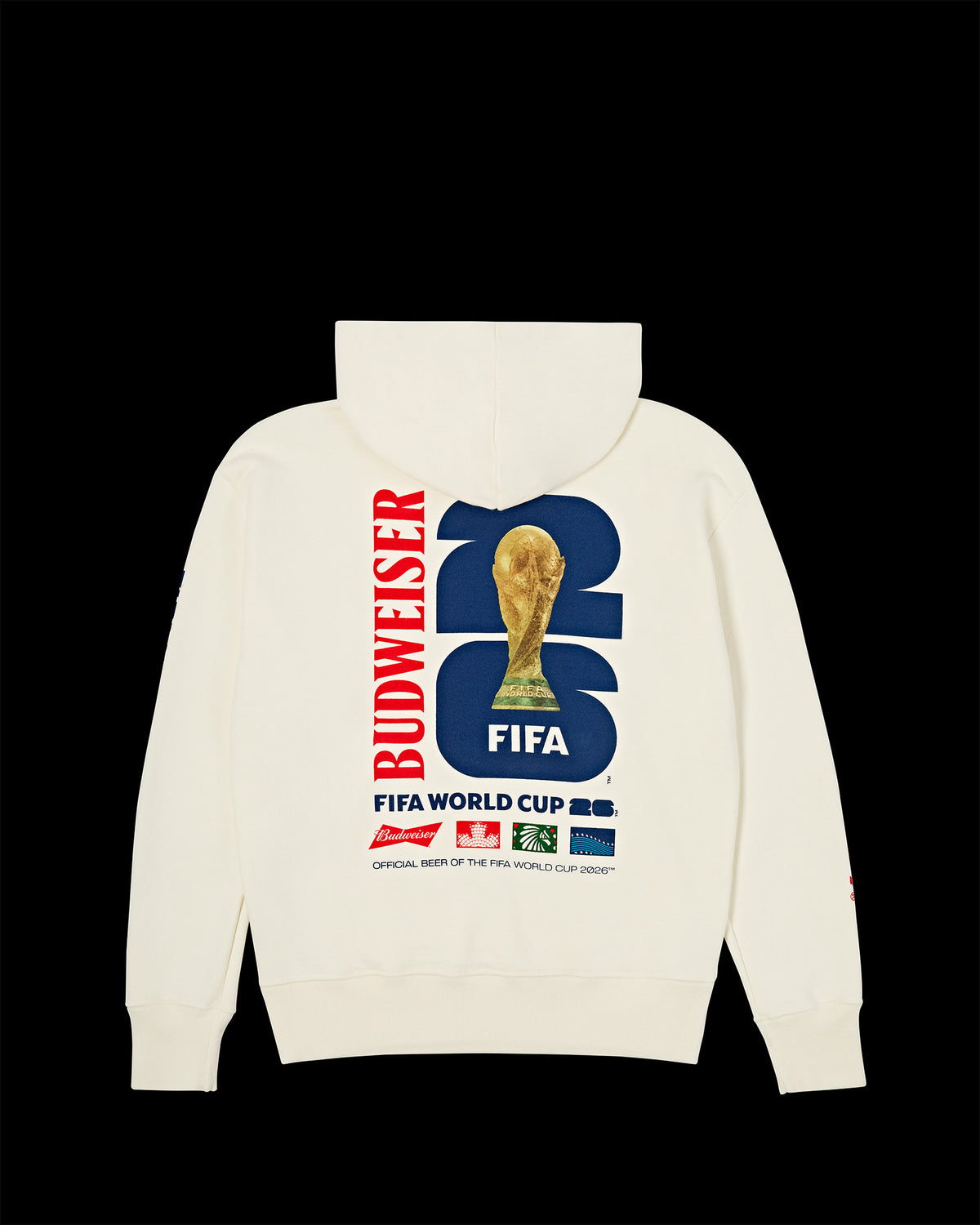 Costas Moletom Capuz Kiji Studio para Budweiser Copa do Mundo 2026, na cor off white e silk com detalhes vermelho, azul e dourado.