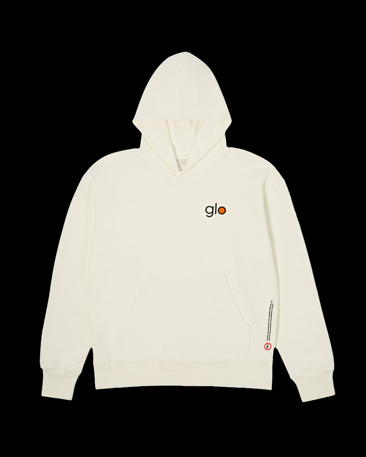 Frente Moletom Capuz Kiji Studio para Glo, na cor off white e bordado 'Glo'