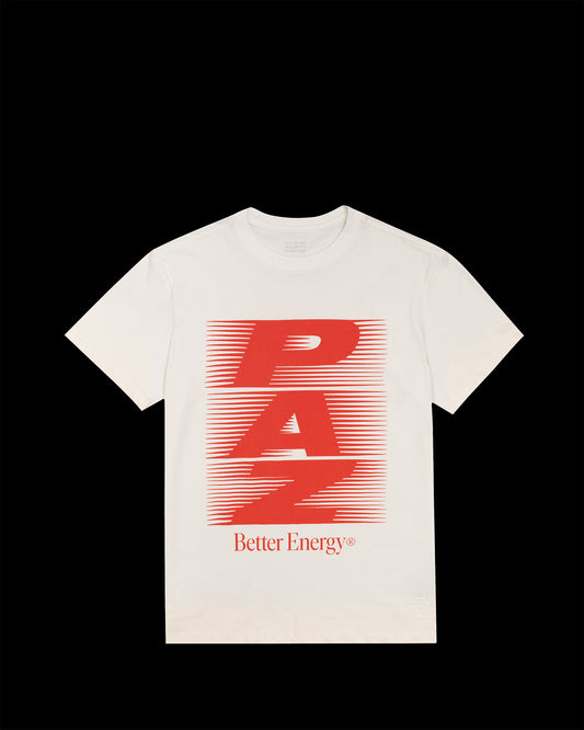 Frente T-Shirt Classic Kiji Studio para PAZ, na cor off white com silk 'PAZ' em vermelho